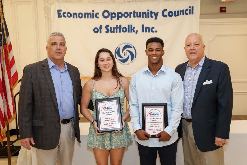 Sayville High School nominees Jillian Rastello and Yirdaw Rivera are flanked by Dellecave Foundation co-directors (left) Mark Dellecave and (right) Guy Dellecave.